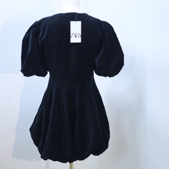 Zara Dress Black Mini V Neck Puffer Sleeves Balloon Bottom Velvet Size M - Picture 4 of 5